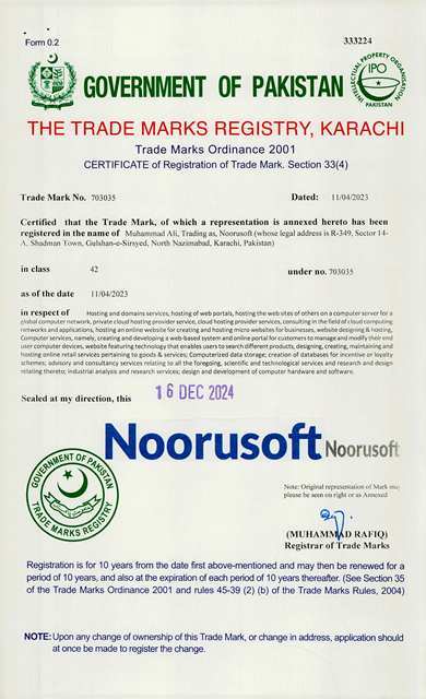 Noorusoft Digital Media Marketing Agency Karachi Pakistan Trademark